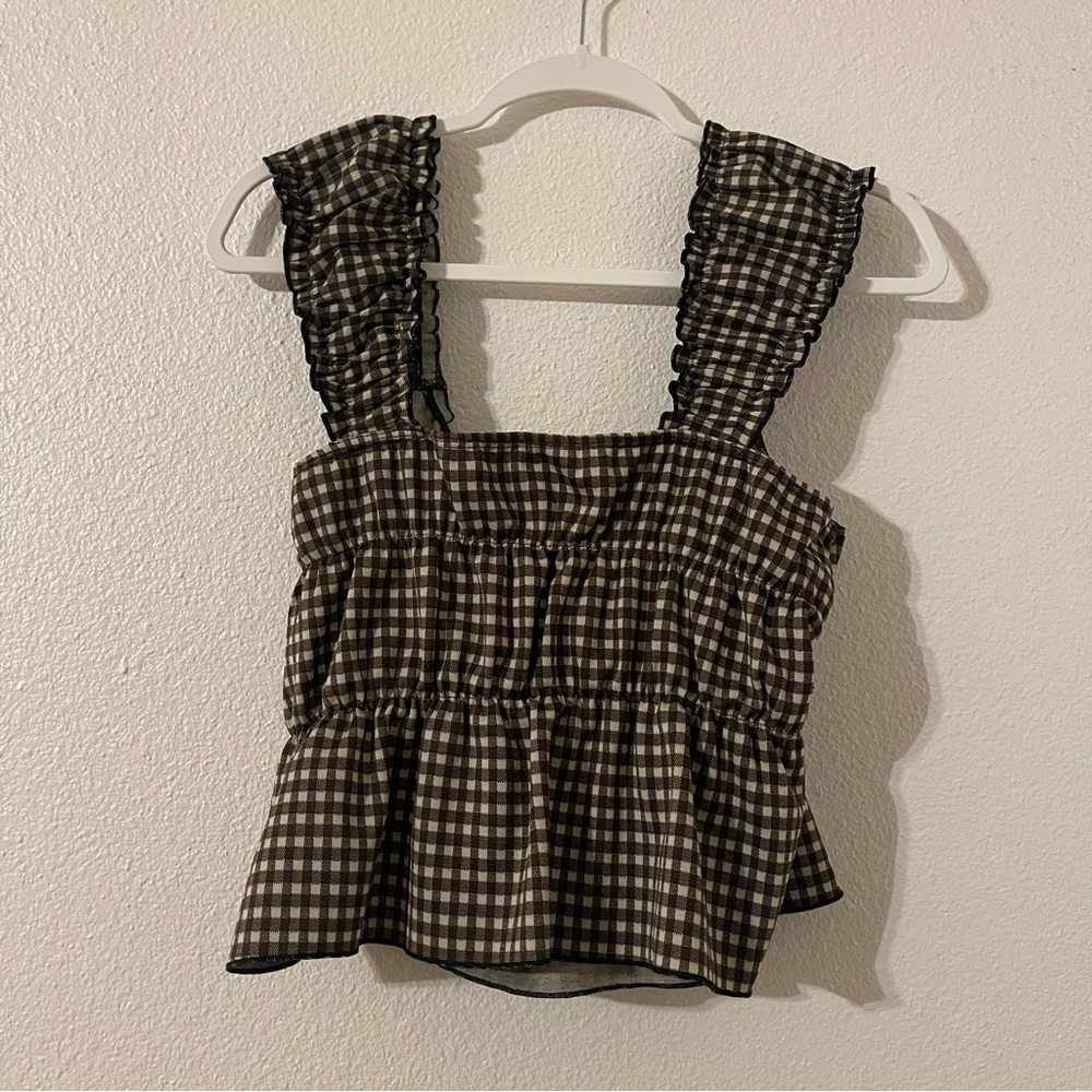 Cider Brown and White Womens Checkered Gingham Ruffle Blouse XL - Picture 9 of 9